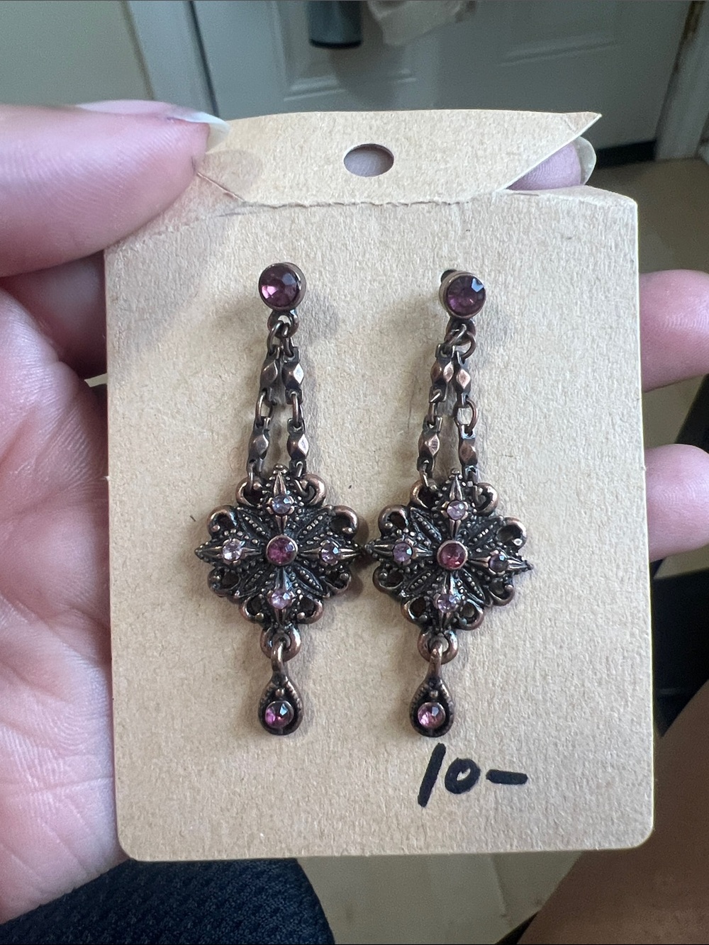 Vintage-Inspired Filigree Drop Earrings with Pink Stones